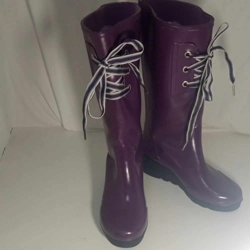 Purple Women's Lace-Up 2” Wedge Heels Rubber Boots, Size 9 - Picture 1 of 10